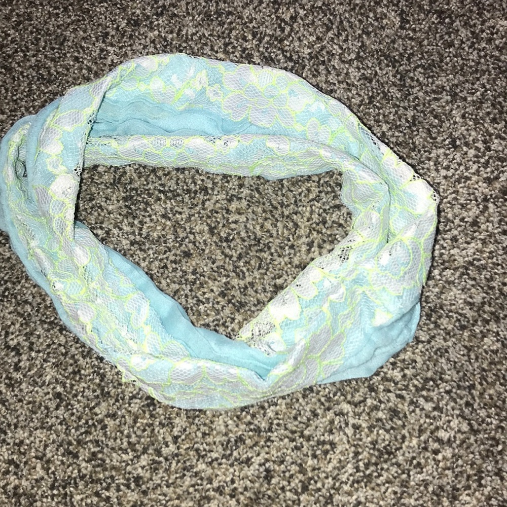 Blue and neon yellow scarf with white floral lace